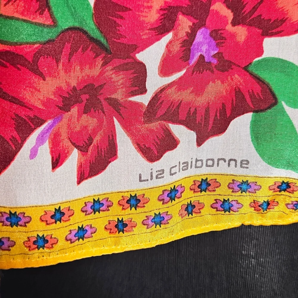 Vintage Liz Claiborne Colorful Floral Print Silk Rectangular Long Scarf